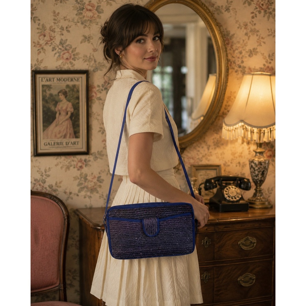Vintage Blue/Purple Straw Woven Crossbody Bag Small Clutch Evening‎ Shoulder Bag